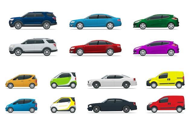 Vector flat high quality city transport car icon set. sedan, van, cargo truck, off-road, bus, scooter, motorbike and riders urban public and freight transport for for infographics, game cars