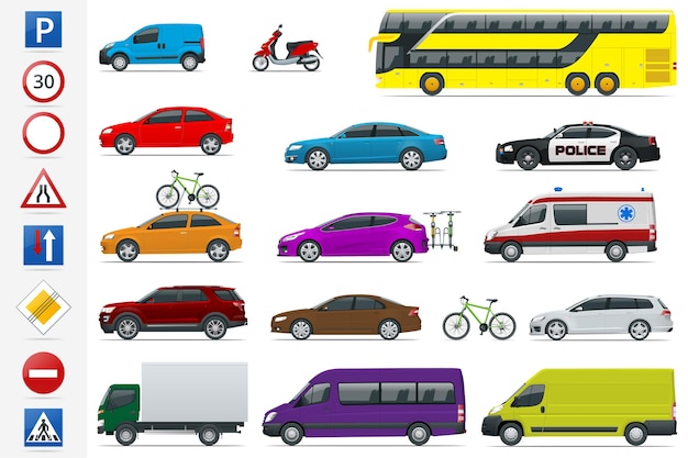 Flat high-quality city transport cars and road signs icon set. Side view sedan, van, cargo truck, off-road, bus, scooter, motorbike. Urban public, freight transport for infographics and design.