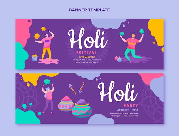 Vector flat holi horizontal banners set