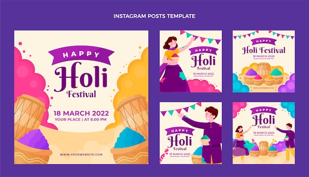 Vettore collezione di post di instagram flat holi