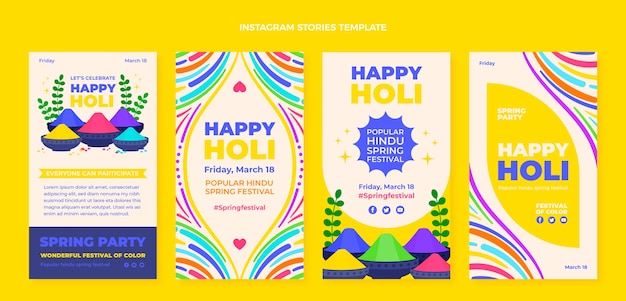 Vector flat holi instagram stories collection