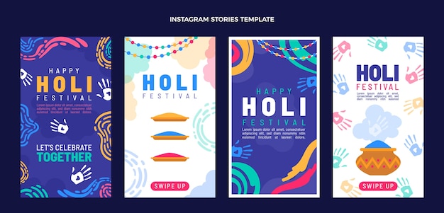 Vector flat holi instagram stories collection