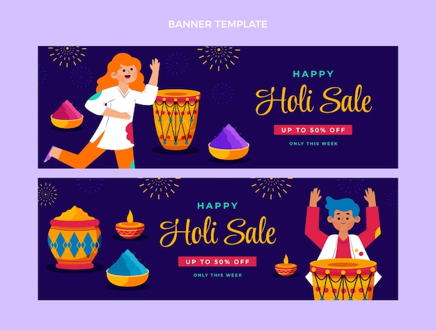 플랫 holi 판매 가로 배너 세트