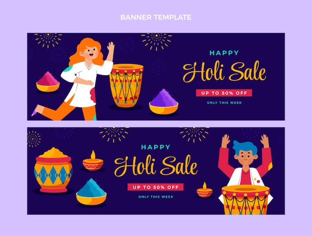 Vector flat holi sale horizontal banners set