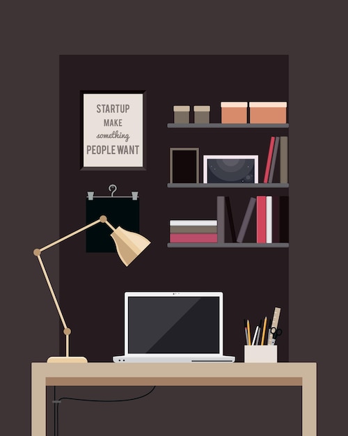 Flat home office interior illustration with desktop