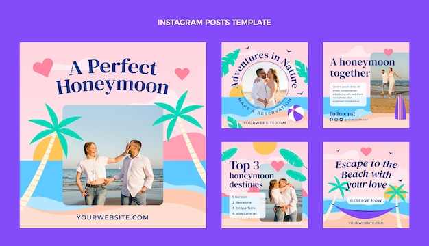 Vector flat honeymoon instagram posts collection