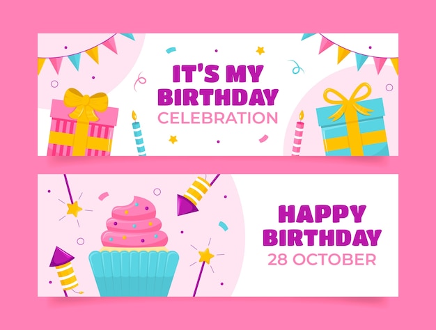 誕生日パーティーの祝賀用のフラット横のバナーテンプレート