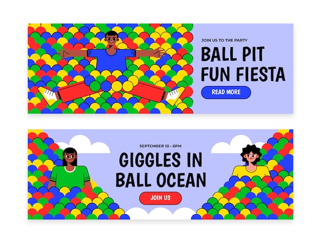 Vettore modello di banner orizzontale piatto per il gioco del pit ball per bambini