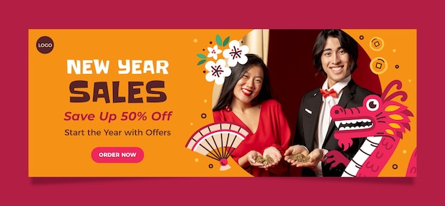 Flat horizontal banner template for chinese new year festival