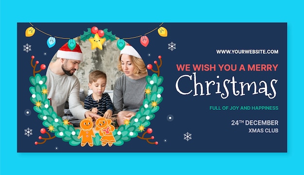 Vector flat horizontal banner template for christmas season with lights and gingerbread couple