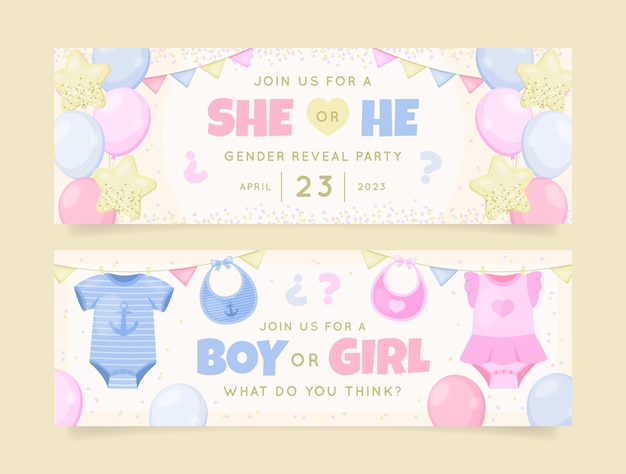 Vector flat horizontal banner template for gender reveal party