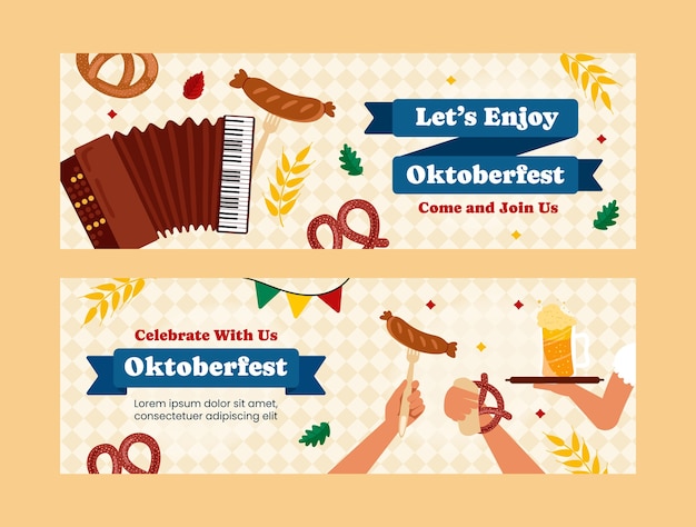 Vettore modello di banner orizzontale piatto per la celebrazione del festival della birra oktoberfest