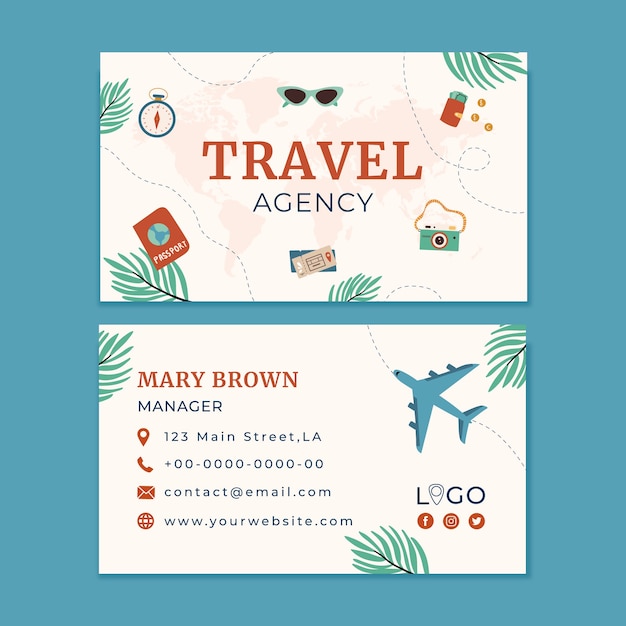 Vector flat horizontal business card template for travel agency