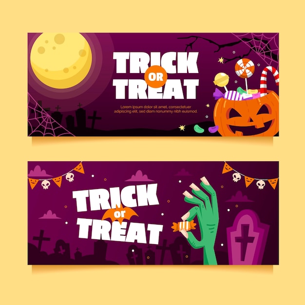 Flat horizontal halloween banners set