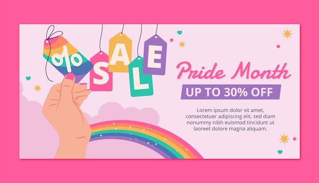 Flat horizontal sale banner template for pride month celebrations