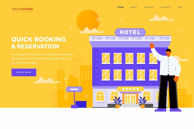Vector flat hotel landing page template with illustrations