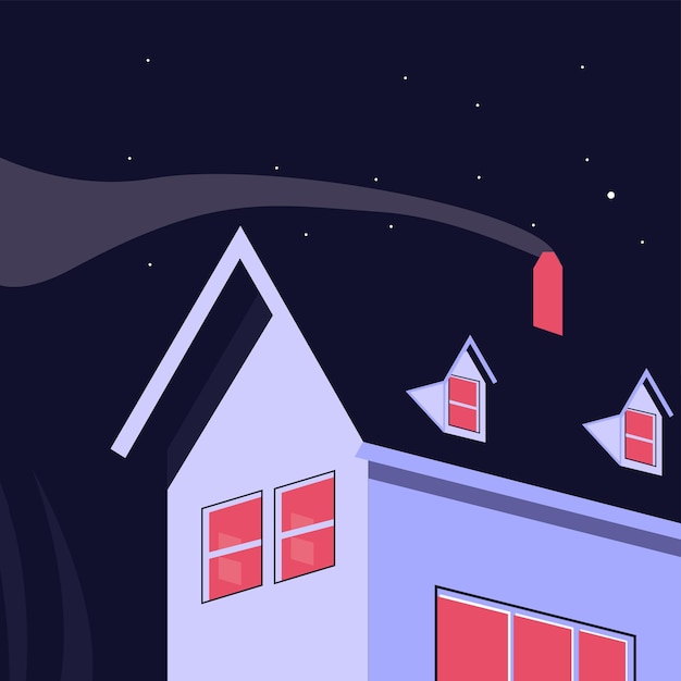 Flat House Illustration with a Night Theme