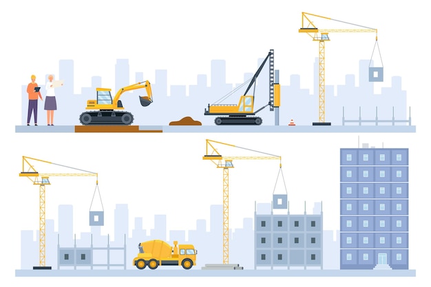 Flat houses construction process stages with building\
machinery. engineers, excavator and crane build. real estate\
industry vector concept. illustration of house construction\
process