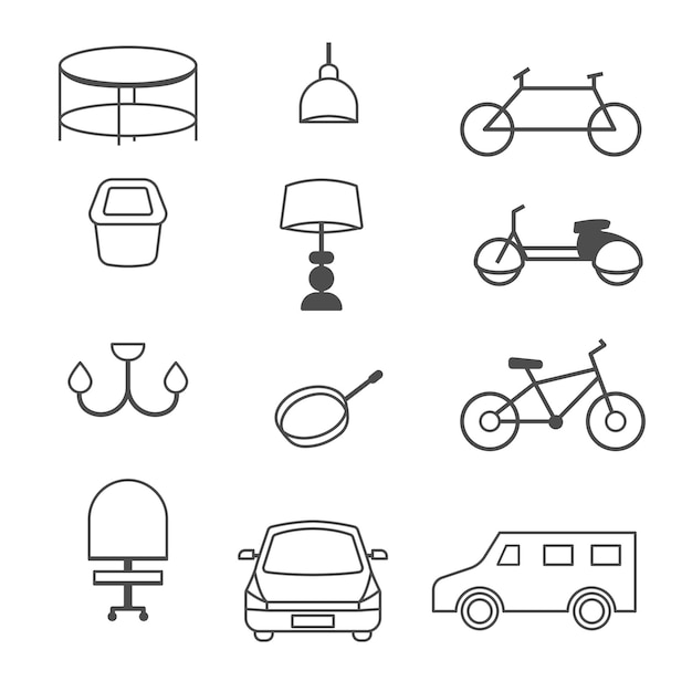 Vector flat icon bundle of transportation equipment and household furniture car bycicle ect