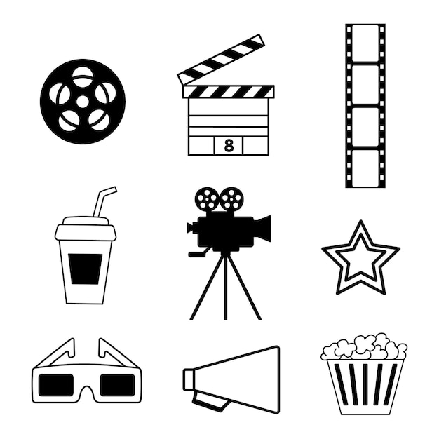 Flat icon of cinema camera, popcorn and 3d glasses.