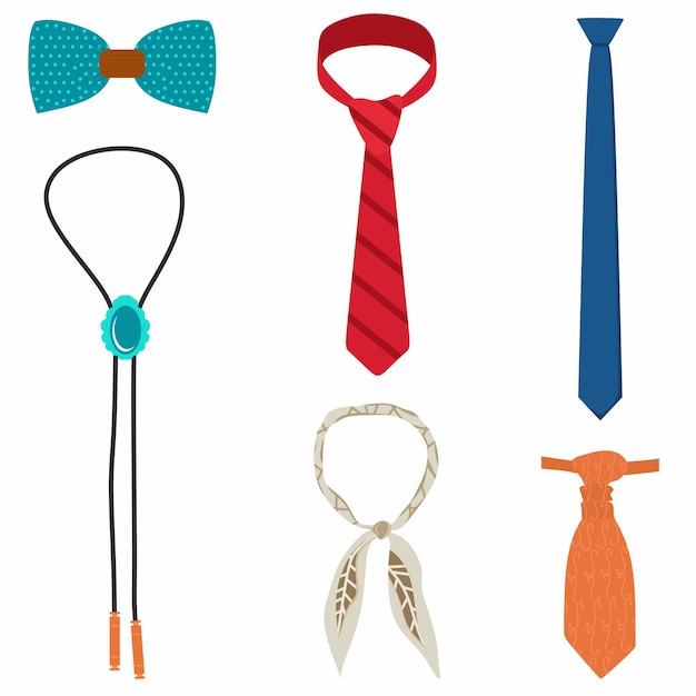 Вектор Набор галстуков с плоским значком, коллекция различных галстуков, включает в себя галстук-бабочку, тощий галстук, галстук-боло и элементы шейного платка. векторная иллюстрация модного аксессуара на белом фоне