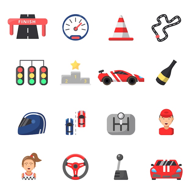 Flat icon set of formula one cars and racing symbols