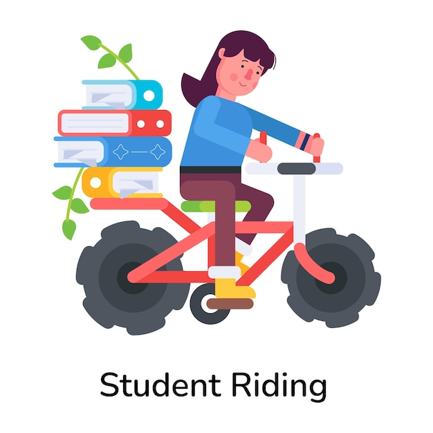 Vettore un'icona piatta di uno studente in bicicletta