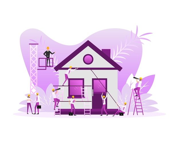 Vector flat icon with house construction people for site design vector line illustration