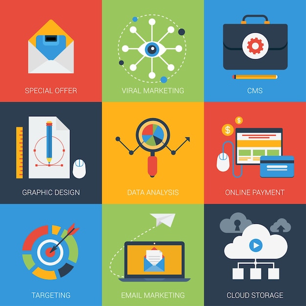 flat icons set email viral marketing targeting data analysis digital advertising campaign