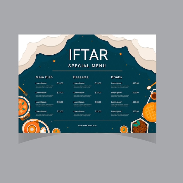 Vettore invito a una festa di iftar piatto vector vector flat iftar menu template per le celebrazioni islamiche del ramadan