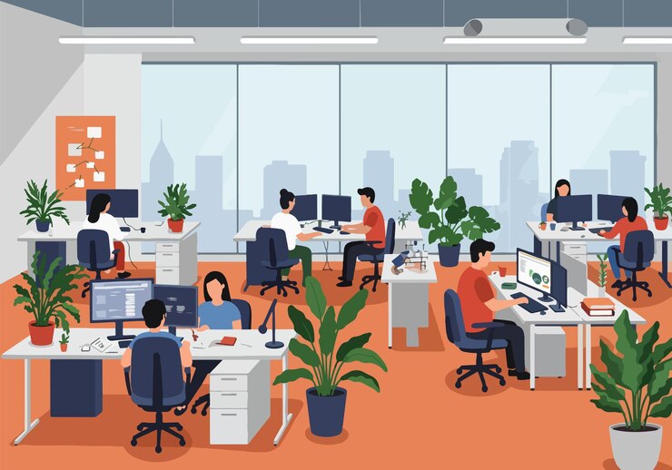 Vector flat illsutration of modern openplan office with professionals working at desks stylish workplace