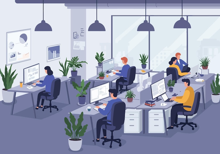 Vector flat illsutration of modern openplan office with professionals working at desks stylish workplace