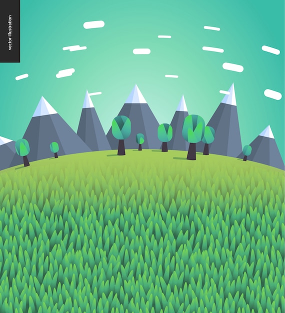 Vector flat illustrated landscape with mountains