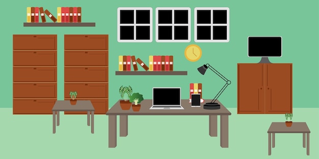 Flat Illustratie Werkruimte Laptop Kamer