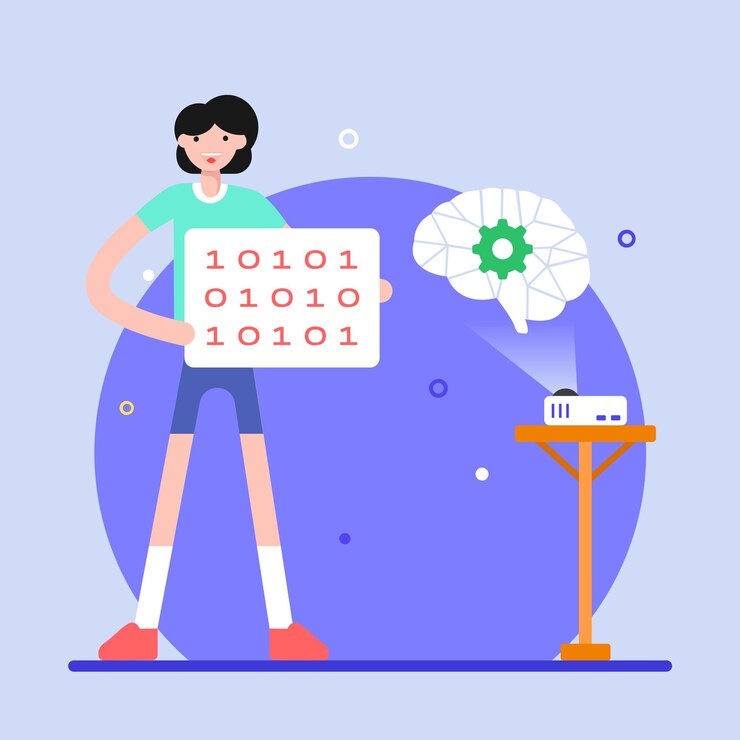 Vector a flat illustration of the ai code brain with binary coding