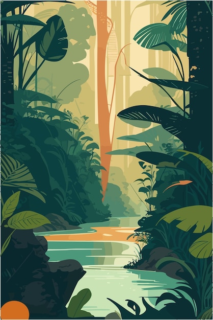 Vettore illustrazione piana della foresta pluviale amazzonica con fiume e terre