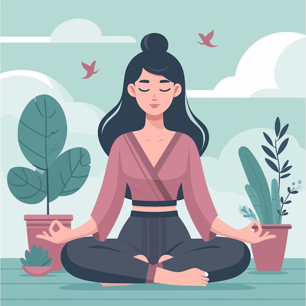 Vector a flat illustration of asian woman meditating and calmness expression in her face