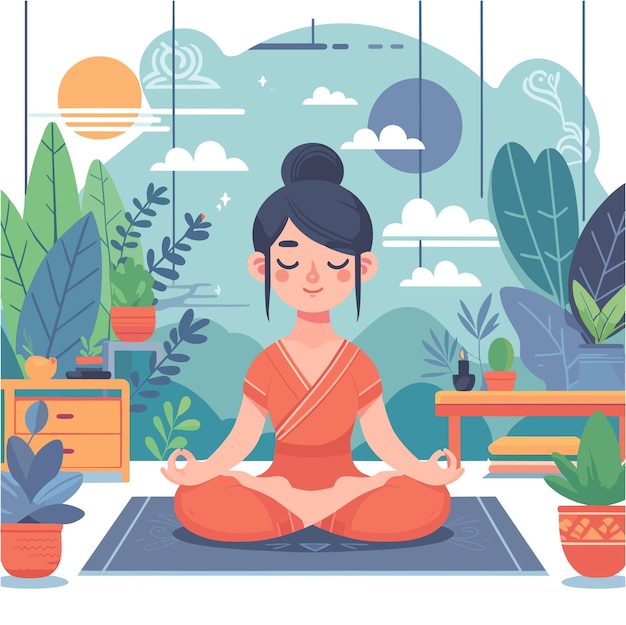 Плоская иллюстрация азиатской женщины, медитирующей и спокойного выражения на ее лице