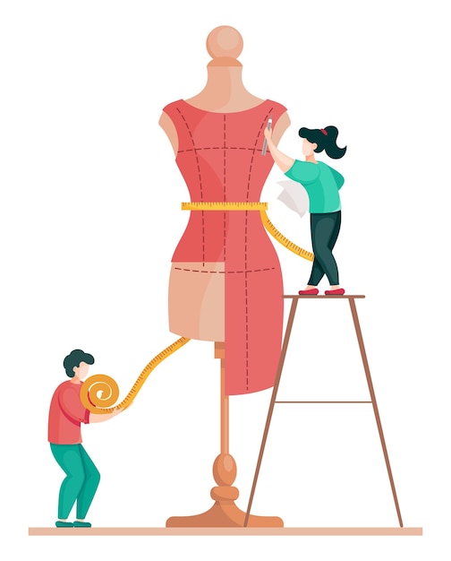 Vector flat illustration of atelier designers making a dress in sewing workshop taking measurements