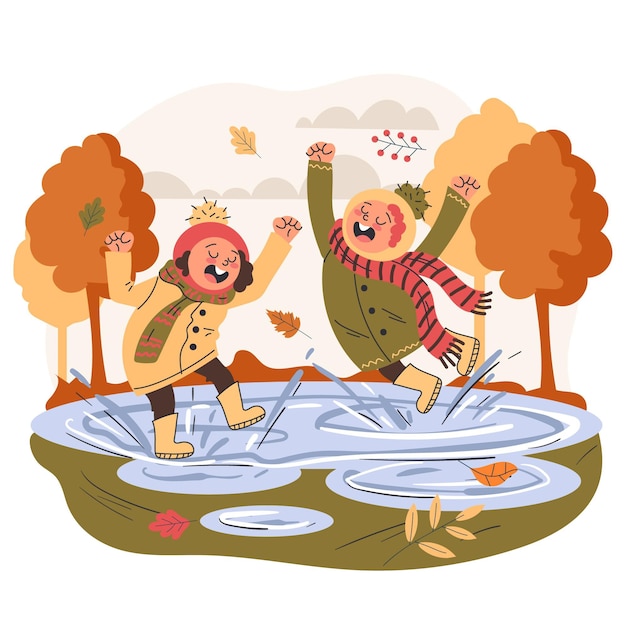 Vector flat illustration of autumn children playing outside