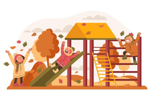 Vector flat illustration of autumn children playing outside