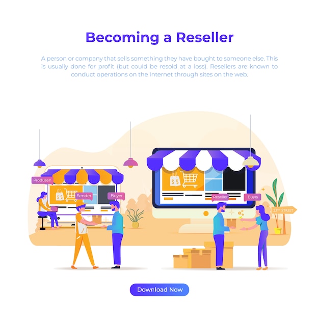 Illustrazione piatta diventando un rivenditore per l'e-commerce o il negozio online