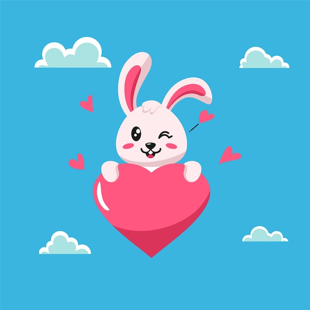 Flat Illustration of Bunny with Big Heart Love. Valentine's Day Vector Illustration.