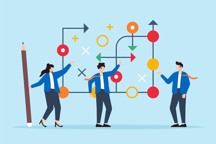वेक्टर flat illustration of business team plans for success with tactic chart strategy to overcome obstacles and achieve goals