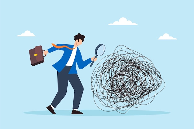 flat illustration of businessman analyzes mess line with magnifying glass searching for root causes and solutions