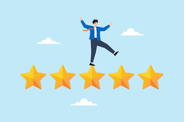 優秀なパフォーマンスレビューのための5つ星評価のビジネスマンバランスのフラットイラスト