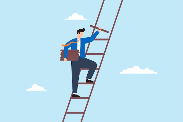 Flat illustration of businessman build ladder of success climb up step to overcome challenge achieve career growth improve opportunity job path