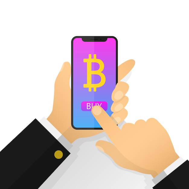 Flat illustration  businessman hand holding a smartphone with bitcoins on the screen. purchase bitcoins, mining.