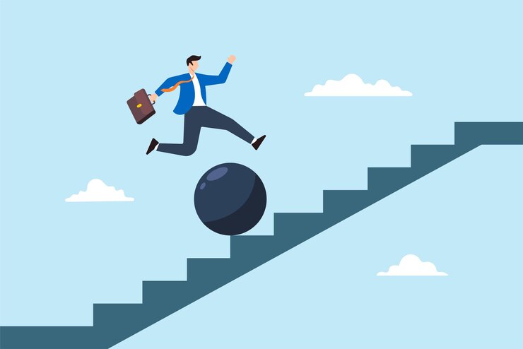 Vector flat illustration of businessman jump over falling boulder on staircase overcoming obstacle to success