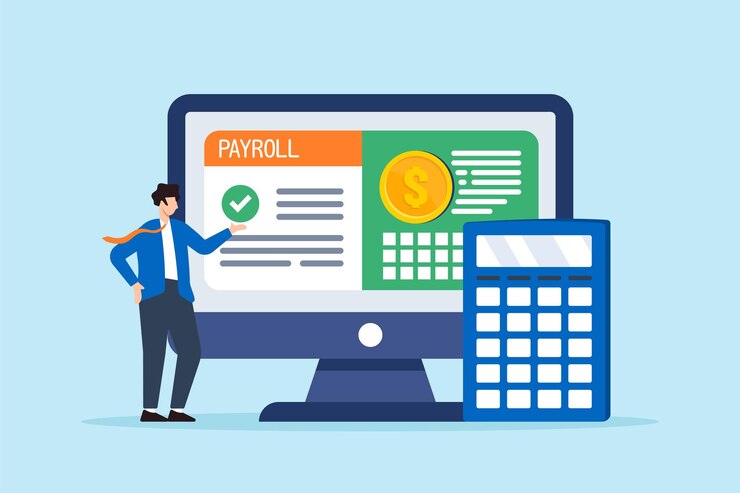 वेक्टर flat illustration of businessman present online payroll on computer screen and calculator calculation salary automatic income payment accounting administrative employee wages